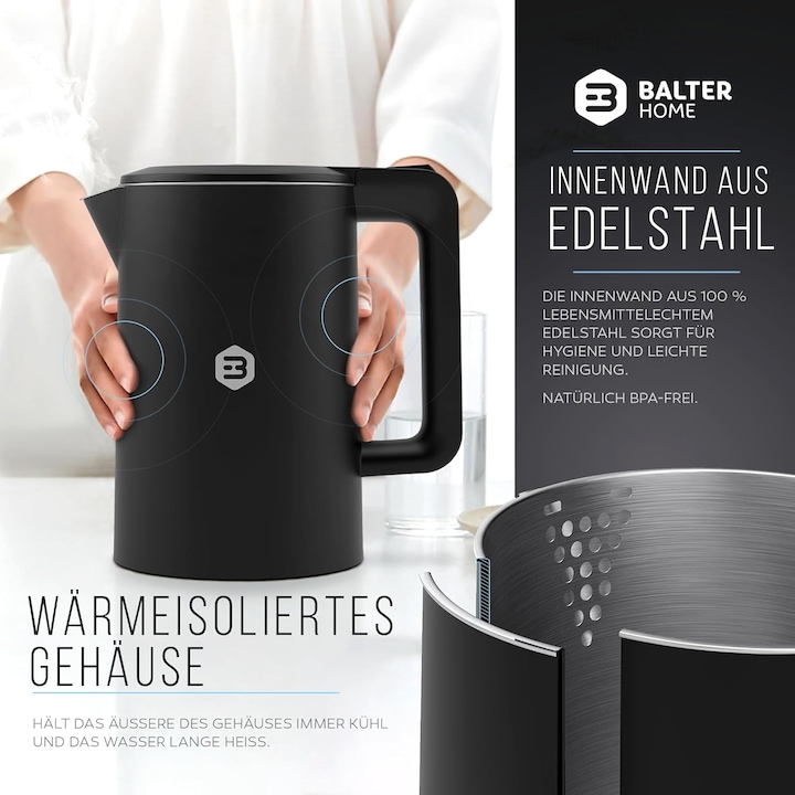 Produktbild Balter Wasserkocher 1,7 L, Edelstahl, 2200 W – kabellos, Kalkfilter, Cool-Touch-Griff, Schwarz (1.70 l)