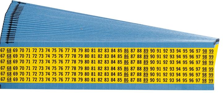 Actual product image Brady Cable markings, consecutive numbers on coloured background