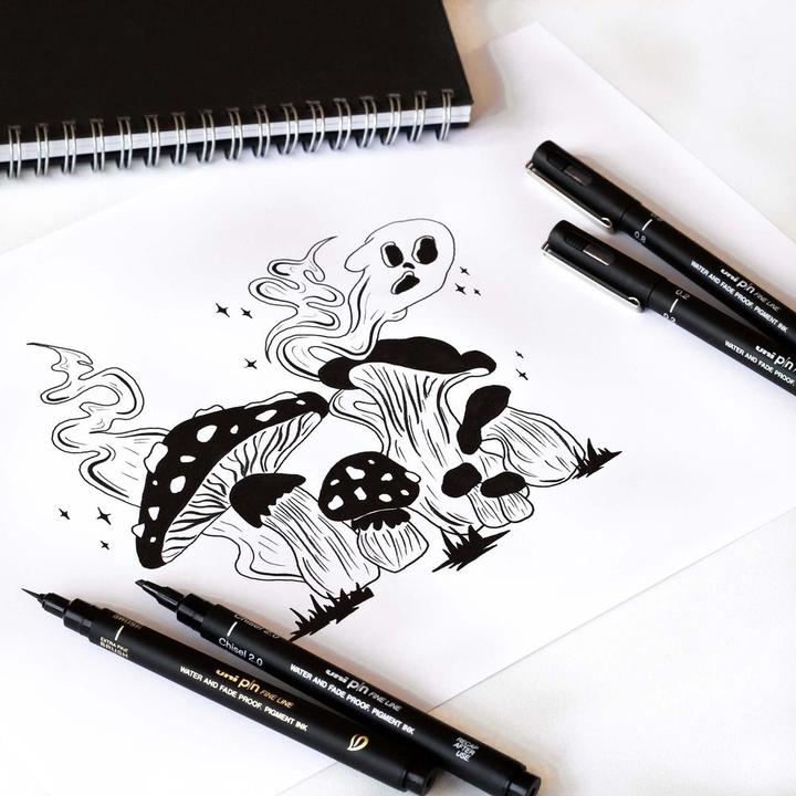 Actual product image Uni-ball Fineliner PIN ""Comics"" PF, set of 5 water-resistant, pigmented ink, metal edging (Black, Dark grey, Grey, Light grey, 5x)