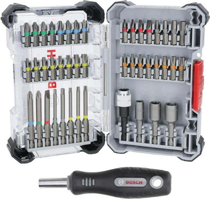Image du produit Bosch Professional Bit Set Extra Hard 44+1 (Clé Allen, Fente à visser, Rond à six pans creux avec goupille de sécurité (TR), Six pans creux TX, Croix Phillips PH, Croix Pozidriv PZ)
