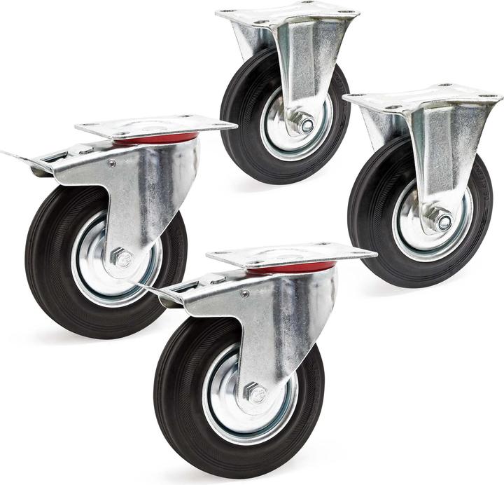 Wiltec Transportrolle Set 2x Doppelstopp-Lenkrolle 2x Bockrolle Vollgummi 125mm 100kg