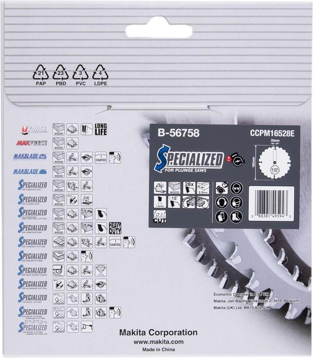 Produktbild Makita B-56699 HM-Säge 165X2X20mm 15° T28 SPEZIELL für Tauchkreissägen