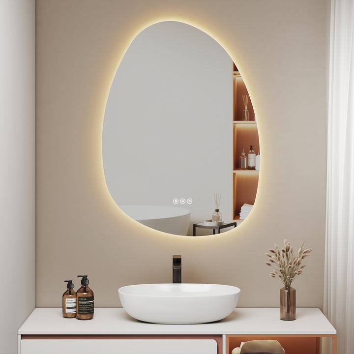 Actual product image Emke Asymmetrical bathroom mirror 75 x 55 cm with lighting, dimmable, 3 light colours, touch switch (55 x 75 cm)