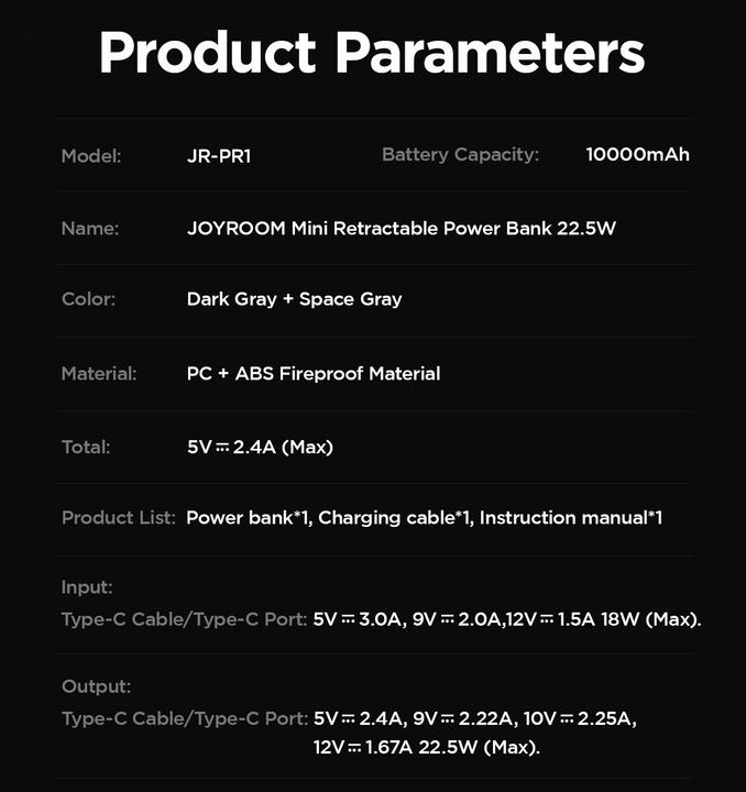 Nährwerte und Zutaten Joyroom JR-PR1 22.5W Built-in Retractable Cable Powerbank10000mAh White V1.0 (10000 mAh, 22.50 W, 38.50 Wh)