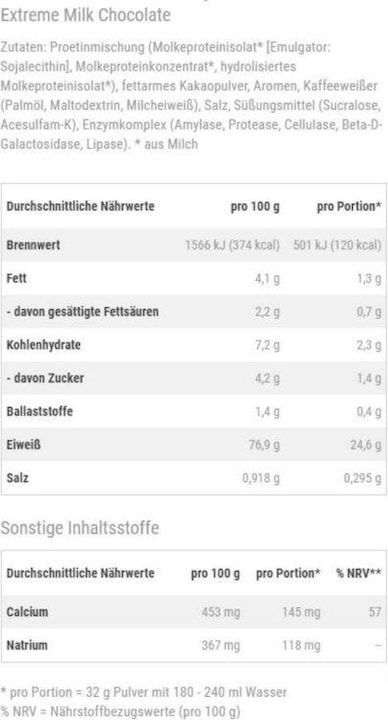 Nährwerte und Zutaten Optimum Nutrition Gold Standard 100% Whey (Extreme Milch Chocolate, 1 Stk., 896 g)