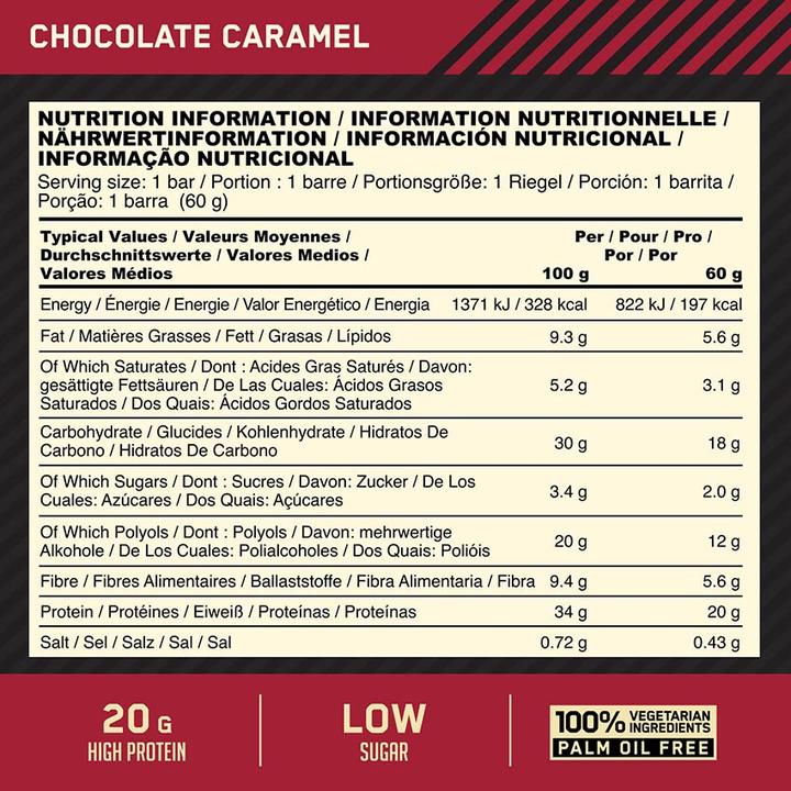 Nährwerte und Zutaten Optimum Nutrition Whipped Protein Bar (10 x 60g / 62g) (Chocolate Caramel, 10 Stk., 600 g)