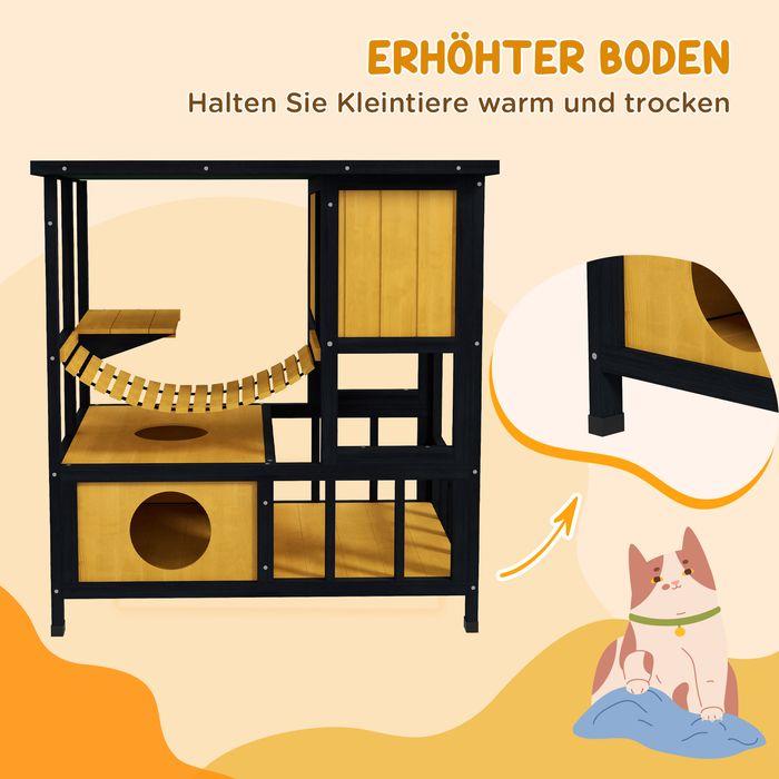 Produktbild Swisshandel24 Katzenhaus Holz, mit Hängebrücke, für 1-2 Katzen bis 5kg, Gelb (Katze)