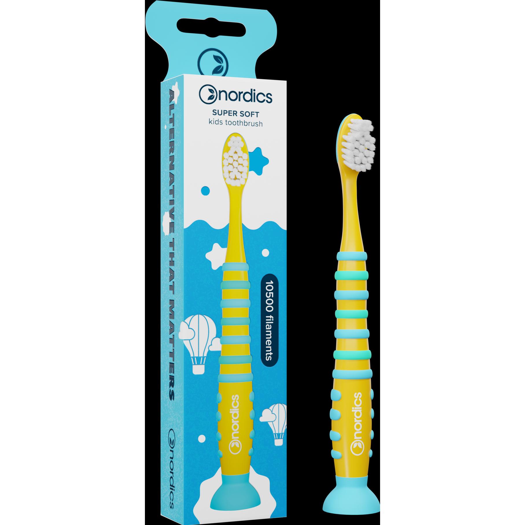 Nordics, Handzahnbürste, Kinderzahnbürste 10500 Super Soft Gelb - Blaue Rakete (Weich, 1 x)
