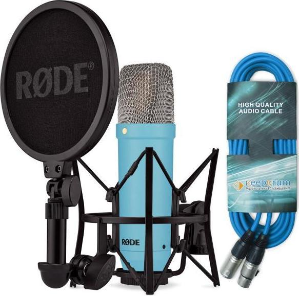 XLR-Kabel, Staubschutzbeutel, Rode NT1 Signature Mikrofon, Blau, SM6 Spinne mit integriertem Popschutz, keepdrum 6m Mikrofonkabel