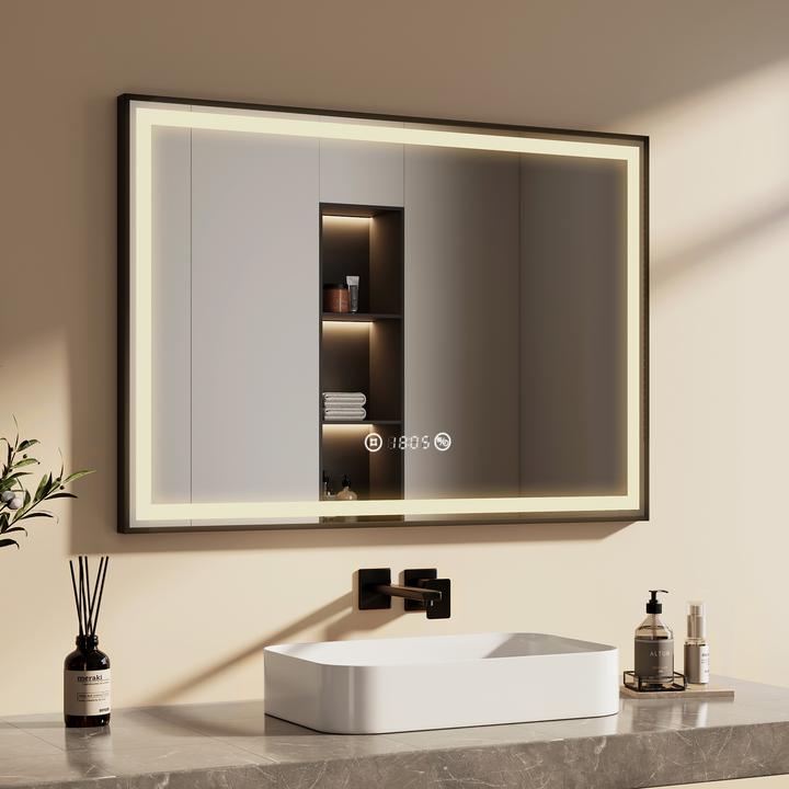 Produktbild Emke Badspiegel mit Beleuchtung 100*70cm,Beschlagfrei, Temperatur und Uhr Kaltweiss(6500K), Dimmbar (100 x 70 cm)