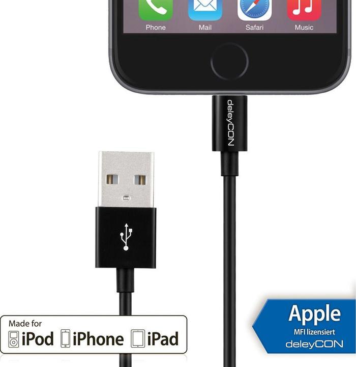 Actual product image deleyCON Lightning USB cable 2m, black (2 m, USB 2.0)