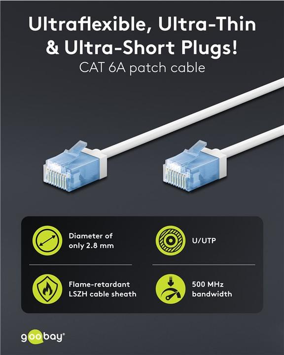 Produktbild Goobay Ultraflexibles CAT 6A Patchkabel, slim, U/UTP, weiss (U/UTP, CAT6a, 3 m)