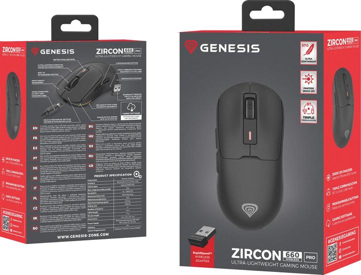 Actual product image Genesis Mysz Dla Graczy Zircon 660 Pro Bezprzewodowa 26000dpi Czarna Gamingowa (Wireless, Cable)