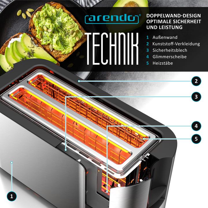 Produktbild Arendo Toaster Edelstahl 4 Scheiben Langschlitz, Touchpannel, Brötchenaufsatz, Display mit Restzeitanzeige