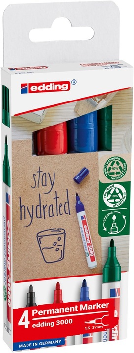 Produktbild Edding 3000 Permanentmarker farbsortiert 1,5 - 3,0 mm, 4 St. (Sortiert, 3 mm, 4 x)
