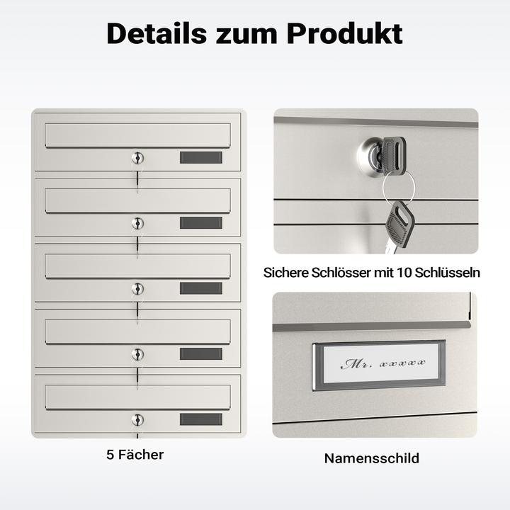 Produktbild Wiltec 5er Briefkastenanlage Edelstahl 513x270x1500mm Standbriefkasten Post
