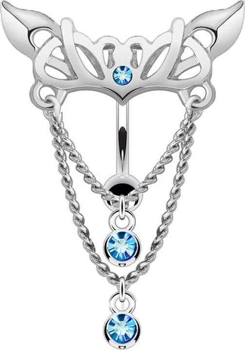 Star Piercing Banane silber mit Kugel Kronleuchter Kette mit Kristall hellblau (Messing, Chirurgenstahl 316L)