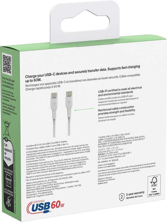 Productafbeelding Belkin USB C — USB C (1 m, USB 2.0, 60 W)