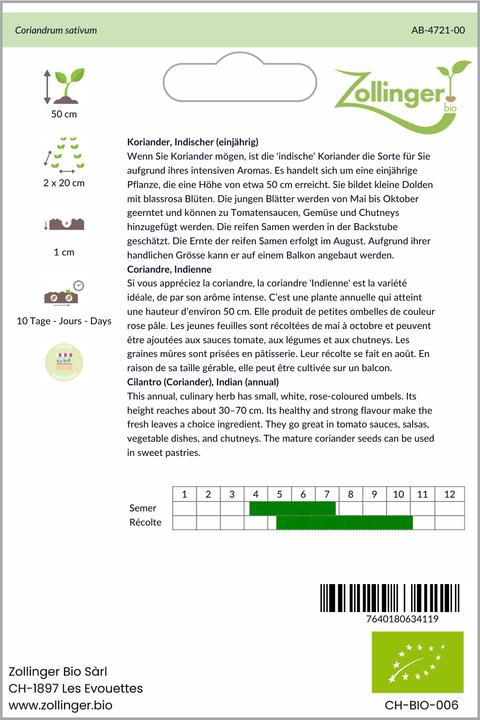 Produktbild Zollinger Bio Koriander, Indischer (einjährig) (Keimlinge)