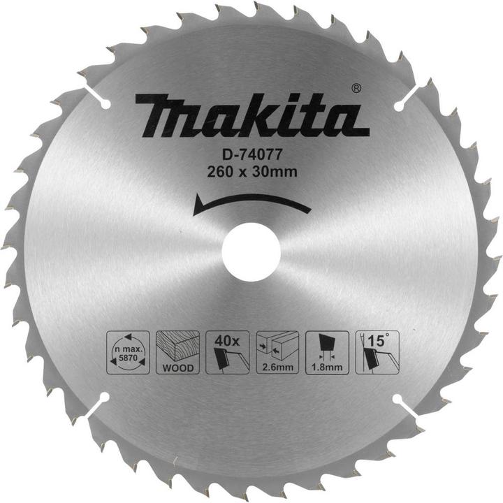 Image du produit Makita D-74077 Scie en carbure 260 x 2,6 x 30 mm 15° T40 Bois standard