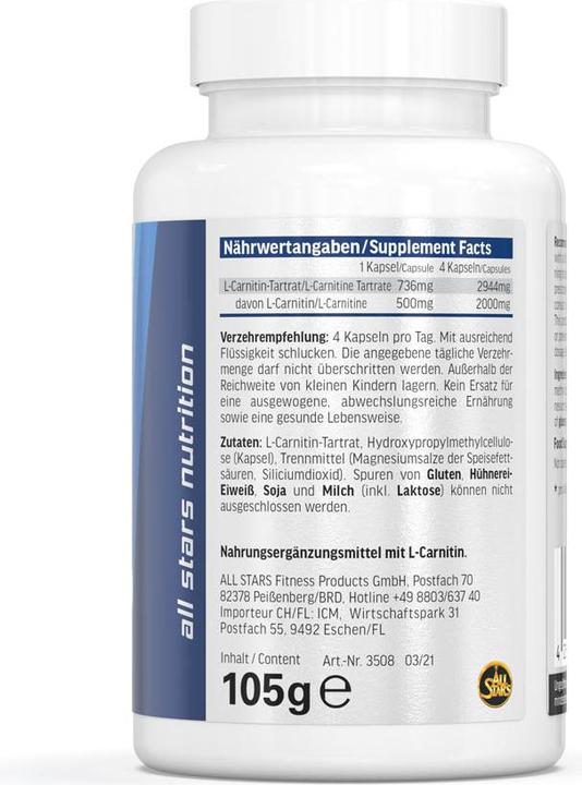 Valeurs nutritives et ingrédients All Stars L-Carnitin Tartrat (120 pièce(s), Capsules, 150 g)