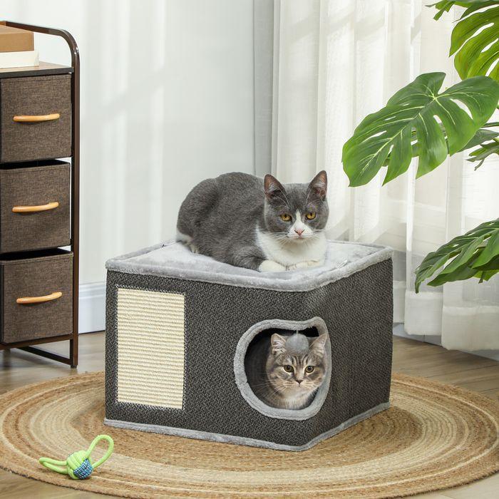 Produktbild Swisshandel24 Kratztonne, 35 cm hoch Katzentonne mit Höhle, Kratzbaum für Katze bis 6 kg (35 cm, Dunkelgrau+ Cremeweiss)