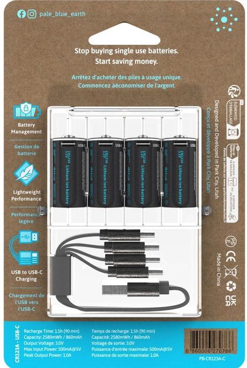 Produktbild Pale Blue Rechargeable battery (4 Stk., CR123A / CR123 / 123 / CR17345, 860 mAh)