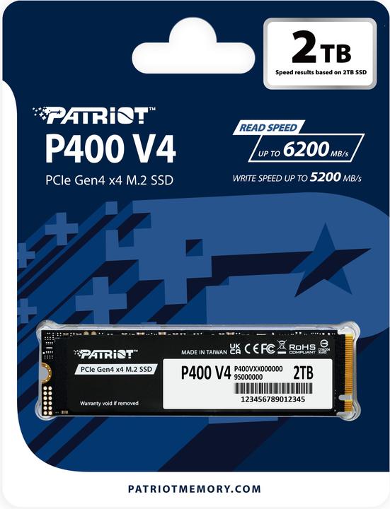 Produktbild Patriot SSD 2TB 6200/5200 P400 V4 M.2 PAT PCIe (2000 GB, M.2 2280)