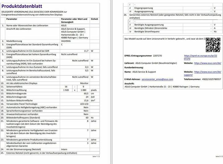Nährwerte und Zutaten ASUS Eye Care VA249HG 60.5cm (16:9) FHD (1920 x 1080 Pixel, 23.80")