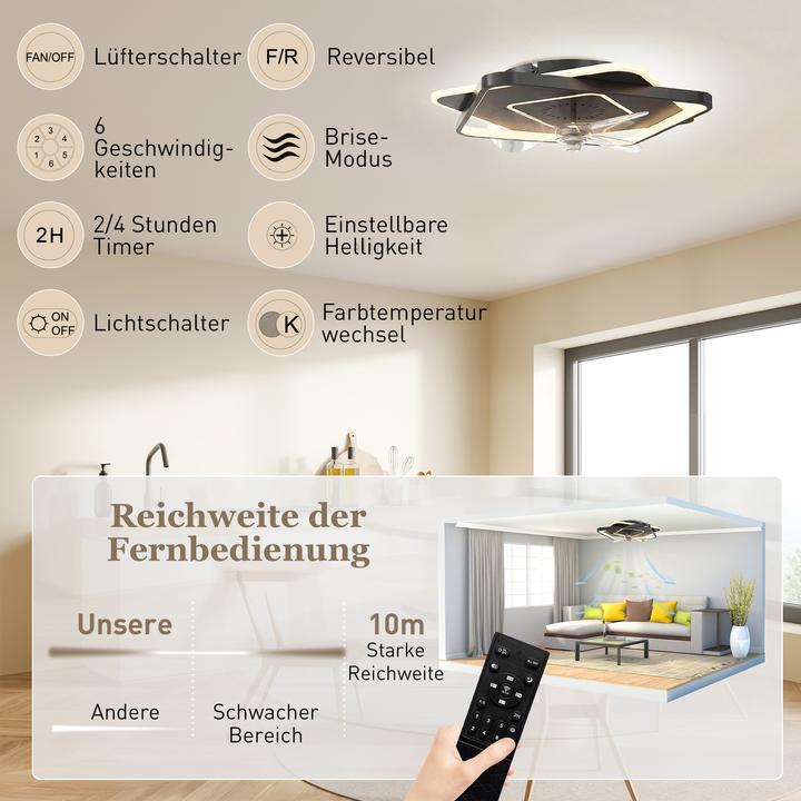 Produktbild Homcom Deckenventilator mit Licht Stahl, Acryl Schwarz (50 dB)