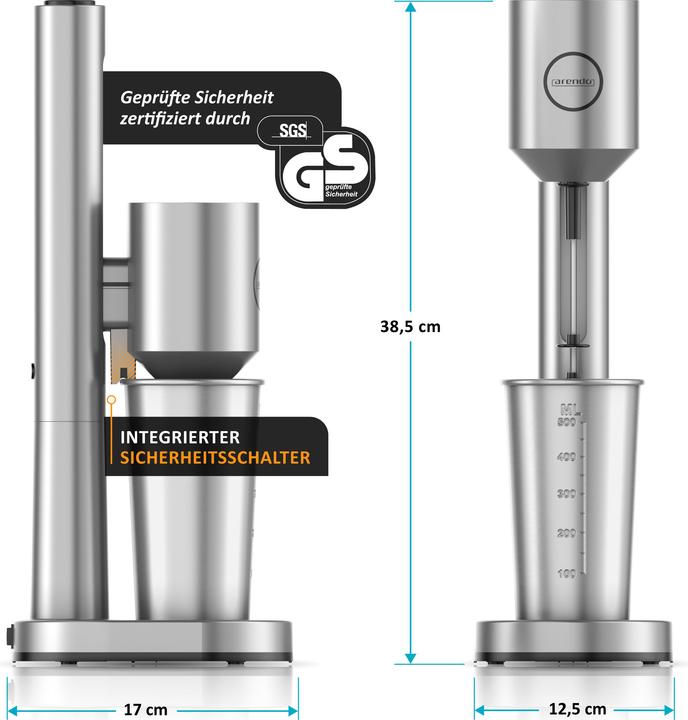 Produktbild Arendo Getränkemixer mit Mixbecher für Protein Shakes oder Cocktails, 22.000 U/min, 500 ml Volumen, chrom (100 W)