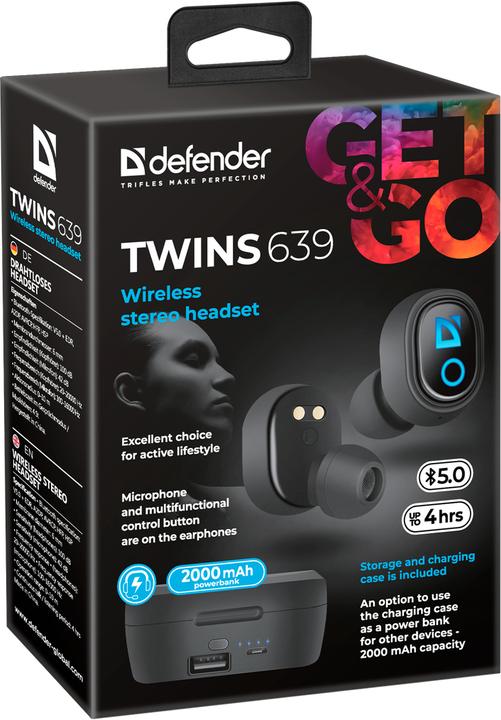Actual product image Defender Twins 639 Headset Wired & In-ear Calls/Music Micro-USB Bluetooth Black (No noise cancellation, 4 h, Cable)