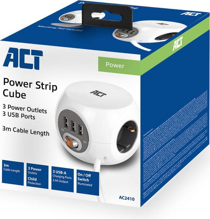 Produktbild ACT Power socket cube (PDU) with 3 sockets type F, 3 USB-A ports, 3m