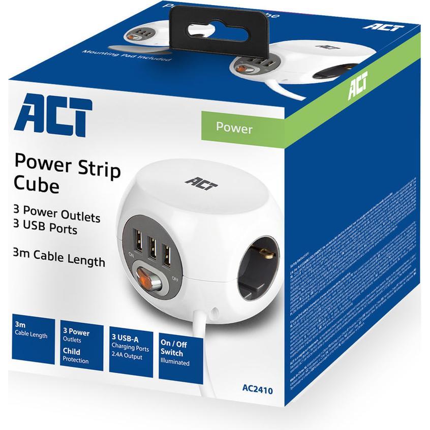 ACT Power socket cube (PDU) with 3 sockets type F, 3 USB-A ports, 3m, USV Zubehör