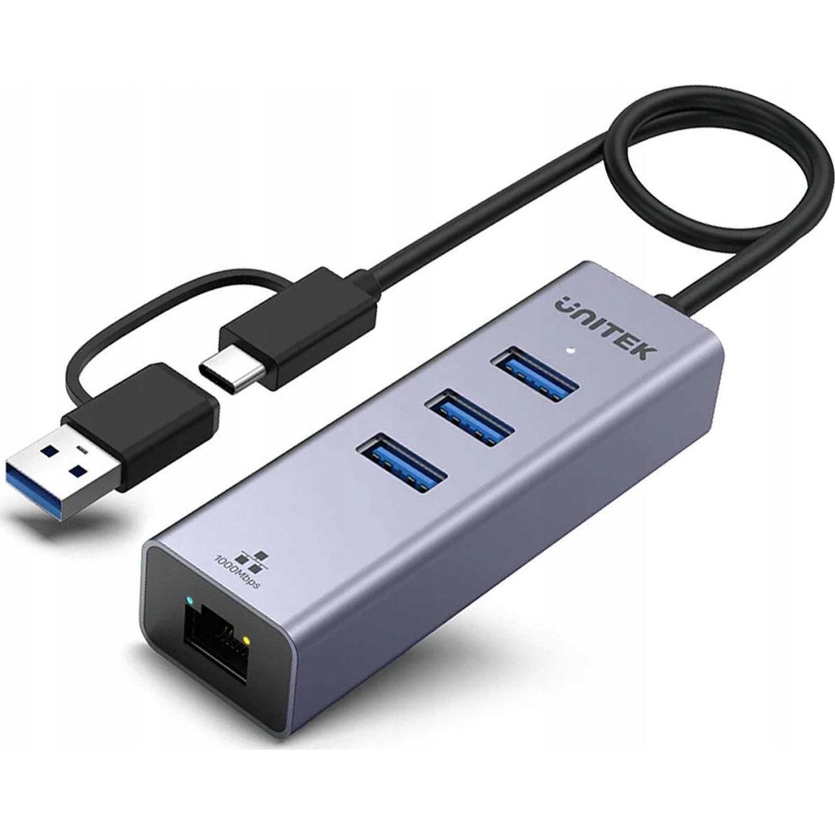 Unitek HUB Hub USB Hub USB C 4w1 Ethernet 3 x USB A 5 Gbps z adattatore USB A (USB-C, 4 porte), Docking station + Hub USB, Nero