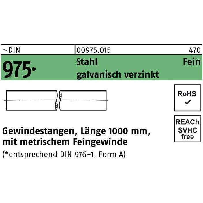 Zubehör Befestigungstechnik, Gewindestange DIN 975 M 24 x 2 x 1000mm Stahl galvanisch verzinkt