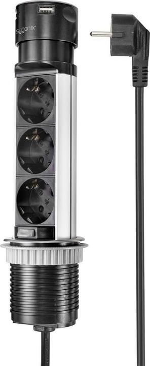 Actual product image Sygonix SY-4997104 Socket tower black, stainless steel earthing contact 1pc. (3 x, CEE 7/3, 1.50 m)