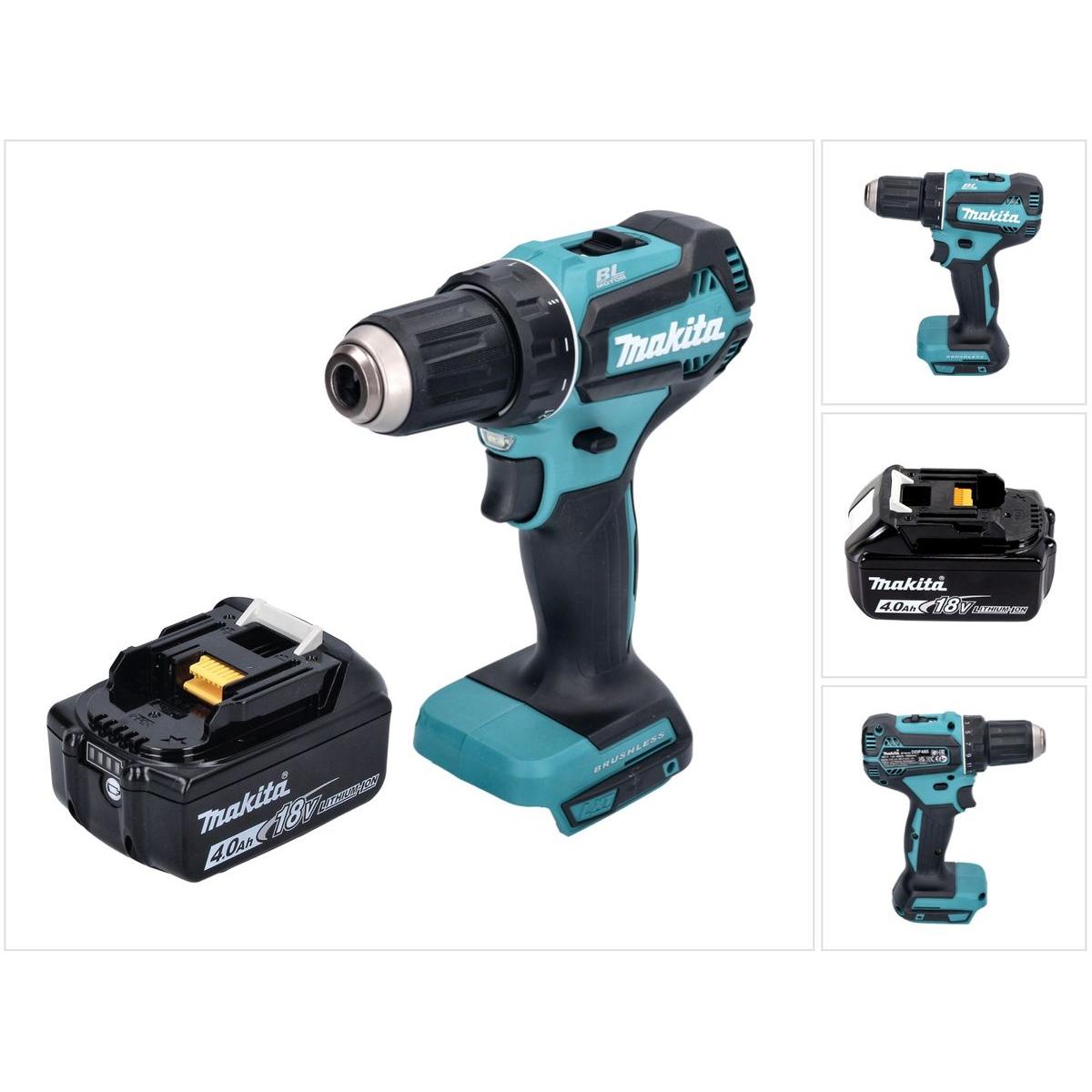Makita, Bohrmaschine + Akkuschrauber, DDF 485 M1 Akku Bohrschrauber 18 V 50 Nm Brushless + 1x Akku 4,0 Ah - ohne Ladeger...