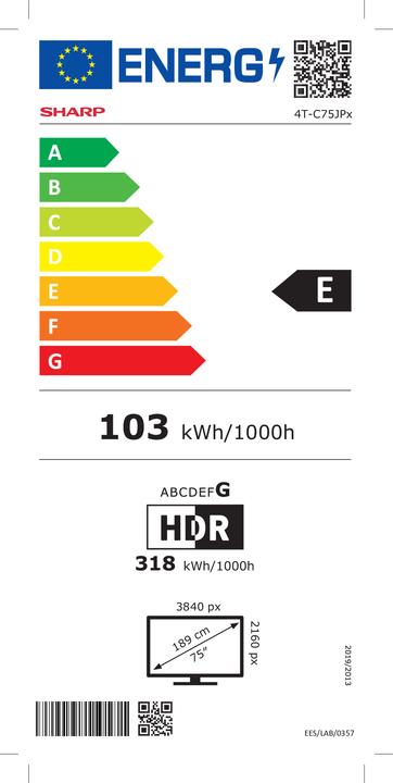 Energy Label Sharp TV 75JP7465E 75, 3840 x 2160 (Ultra HD 4K), Mini LED (75", Mini-LED, QLED, 4K, 2025)