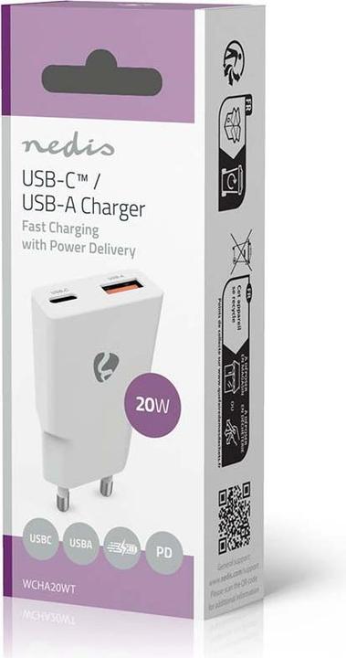 Produktbild Nedis Netzladegerät | 20 W | GaN | PD3.0 | Schnellladefunktion | 1.5 / 2.0 / 2.22 A / 3.0 A | Anzahl (20 W, 2 Ports)