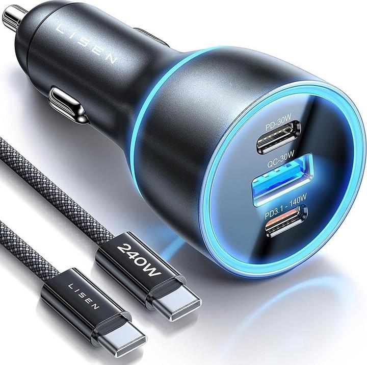 Lisen - Car Charger (YL0224010001) - USB-A, Type-C, 140W, GaN, Aluminum Alloy, 12V=24V - Black