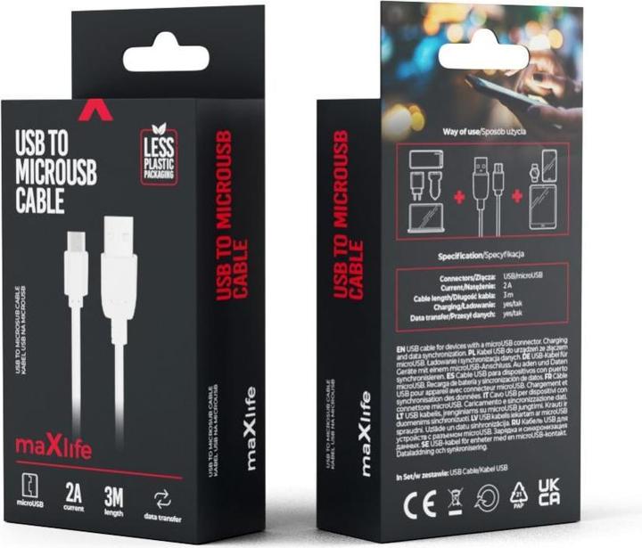 Produktbild Maxlife Kabel USB - microUSB 3,0 m 2A weiss (3 m, 10 W)