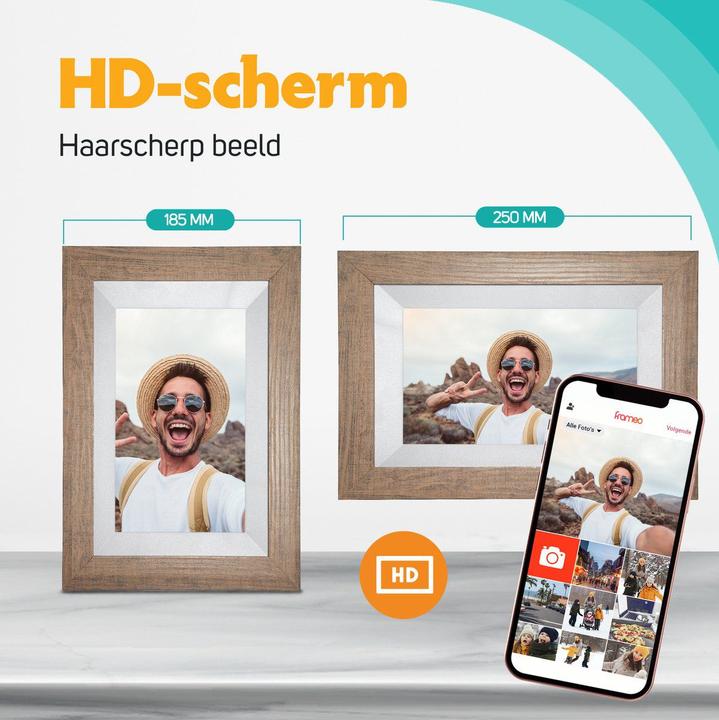 Produktbild fotolijst met WiFi en Frameo App Fotokader - 8 inch - Pora HD+ -IPS Display Licht Bruin/Wit - Micro (8", 1280 x 800 Pixel)