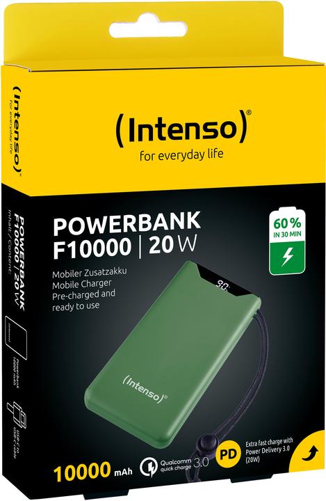 Actual product image Intenso Powerbank F10000 Green (green, 10,000 mAh, PD 3.0, Quick Charge 3.0) (10000 mAh, 20 W, 37 Wh)