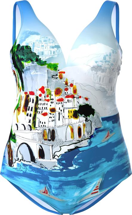 Image du produit Ulla Popken Maillot de bain à bonnets souples, décolleté en V, motif Positano, matière recyclée (60)