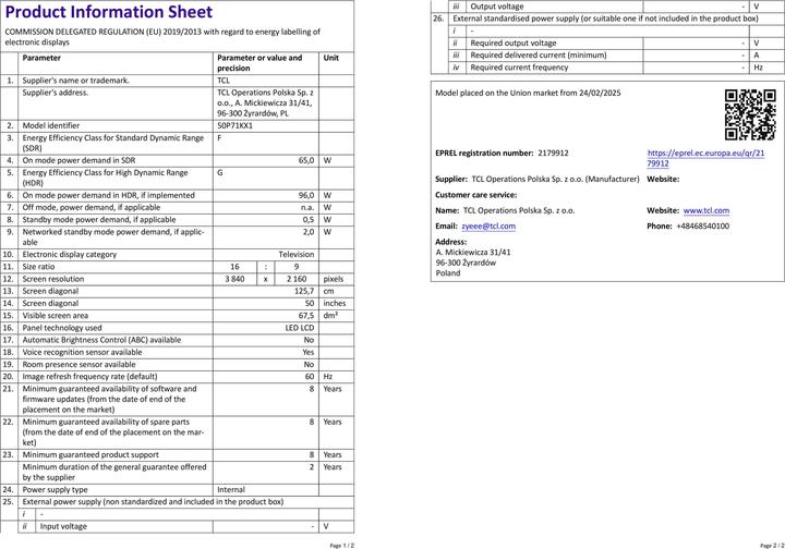 Nährwerte und Zutaten TCL 50P79K (50", QLED, 4K)