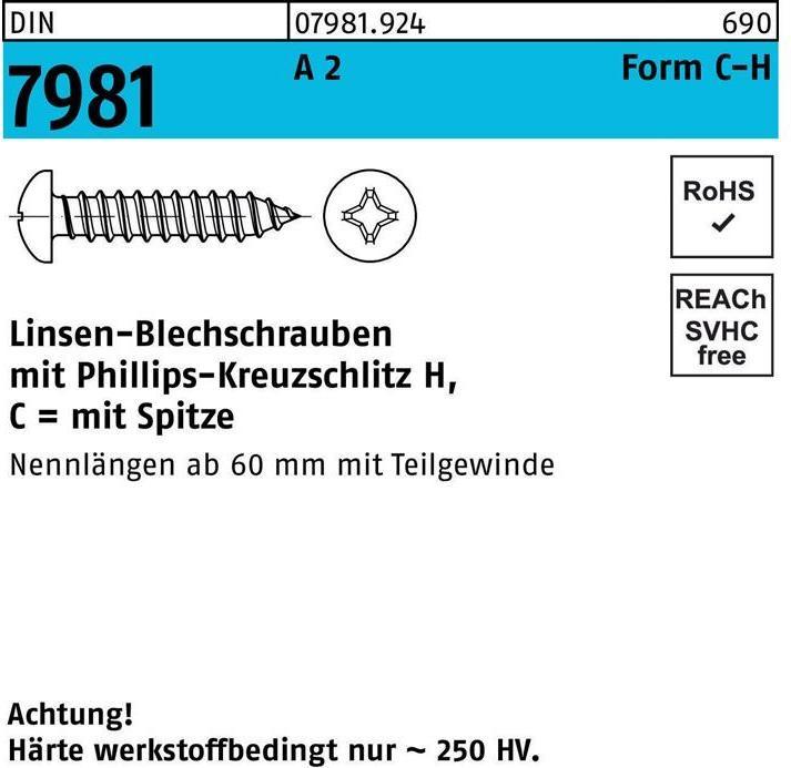 Produktbild Blechschraube DIN 7981 LIKO m.Kreuzschlitz-PH C 3,5 x 60 -H A 2 (500 Schrauben pro Stück)