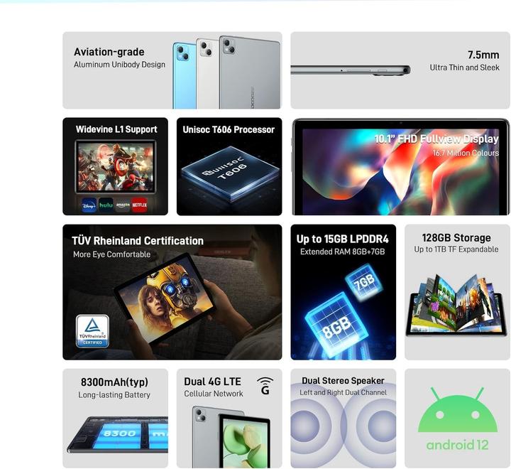 Actual product image Doogee T10 NL 10.1inch IPS FHD Wifi 4G 128GB ROM 8+7GB RAM 8300mAh Android 12 Blauw (4G, 10.10", 128 GB, Blue)