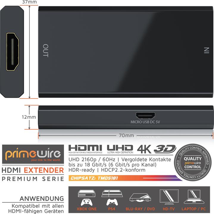 Produktbild Primewire HDMI 2.0b Extender / Verstärker UHD 2160p 60Hz, HDMI-Buchse zu HDMI-Buchse (0.75 m, HDMI, 2.0b)