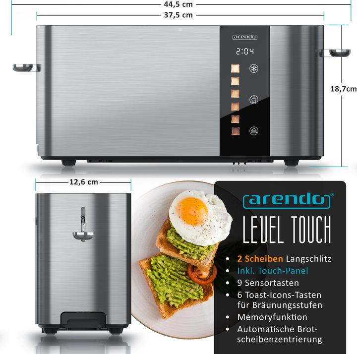 Actual product image Arendo Toaster Edelstahl 2 Scheiben Langschlitz, Touch Display, Restzeit & Bräunungsgradanzeige, 1000 W